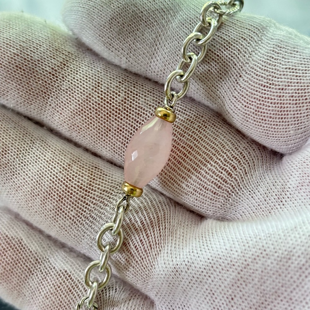 David Yurman 925 & 18k Gold Bijoux Station Necklace with Rose Quartz 34" - Picture 4 of 9